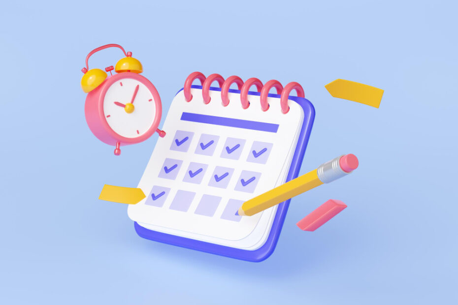 A 3D illustration of a spiral-bound calendar with checkmarks on its pages, accompanied by a pink alarm clock and a yellow pencil, symbolizing organization, scheduling, and time management.