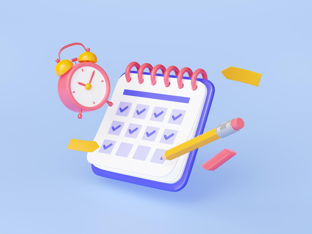 A 3D illustration of a spiral-bound calendar with checkmarks on its pages, accompanied by a pink alarm clock and a yellow pencil, symbolizing organization, scheduling, and time management.