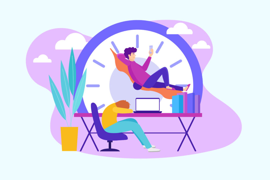 This illustration depicts a relaxed person reclining on a hammock in front of a large clock, symbolizing time off, while another person at a desk appears tired, resting on their laptop. The bright colors emphasize the contrast between relaxation and burnout, highlighting the importance of taking breaks for work-life balance and productivity.