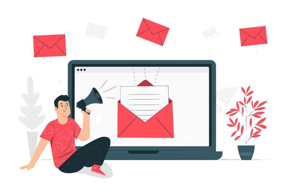 Illustration of a person sitting next to a large laptop screen with an envelope icon displayed, symbolizing email communication. The person holds a megaphone, emphasizing the importance of sending messages or announcements. Red and white envelopes are scattered in the background, suggesting multiple emails being sent or received. The scene is complemented by a red plant on the side, adding a touch of decor to the workspace.