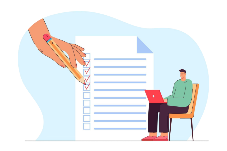 An illustration of a person sitting on a chair with a laptop, reviewing or completing a checklist on a large piece of paper. A large hand holding a pencil marks red checkmarks in the boxes on the checklist. The background is light blue, symbolizing a clean and organized workspace.