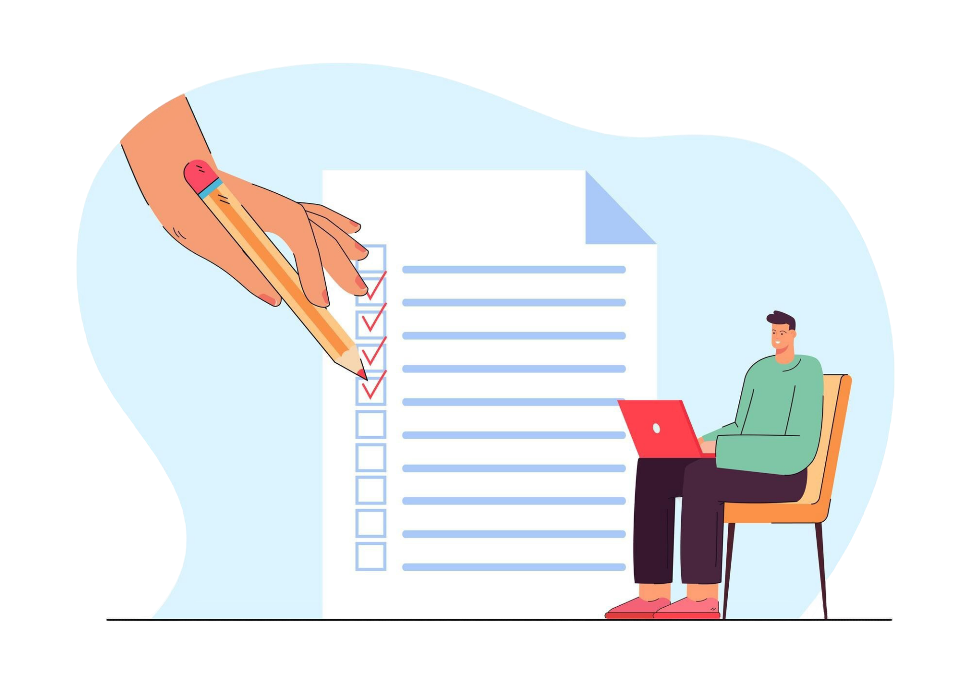 An illustration of a person sitting on a chair with a laptop, reviewing or completing a checklist on a large piece of paper. A large hand holding a pencil marks red checkmarks in the boxes on the checklist. The background is light blue, symbolizing a clean and organized workspace.