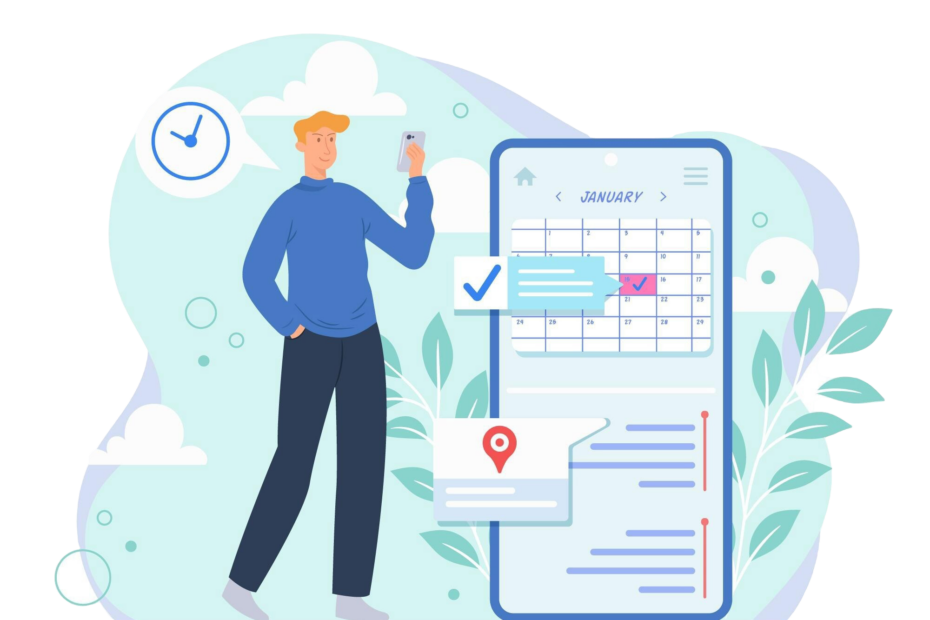 Illustration of a person using leave tracker software on a mobile device, featuring a digital calendar interface, checkmarks, and task notifications, symbolizing efficient leave management.