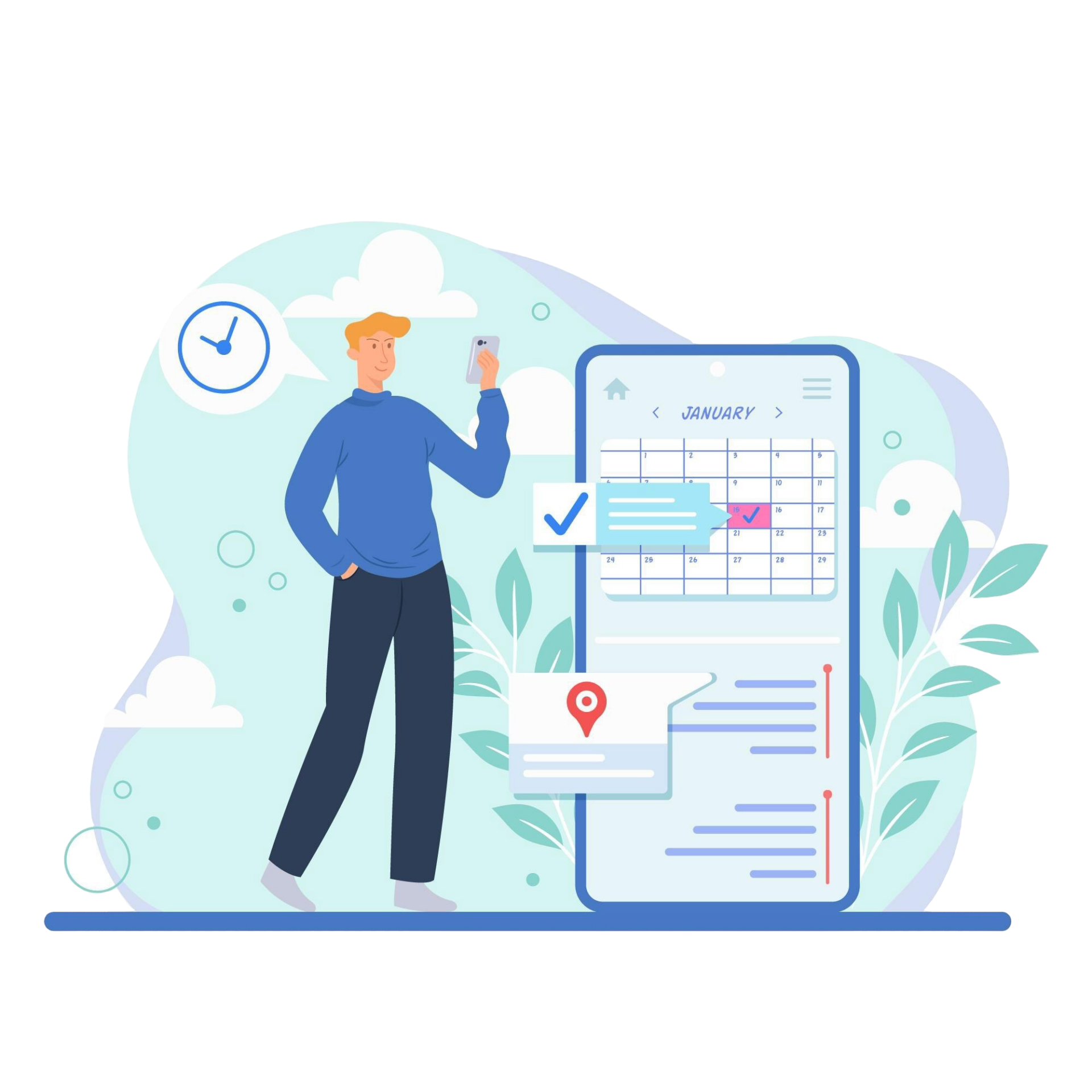 Illustration of a person using leave tracker software on a mobile device, featuring a digital calendar interface, checkmarks, and task notifications, symbolizing efficient leave management.