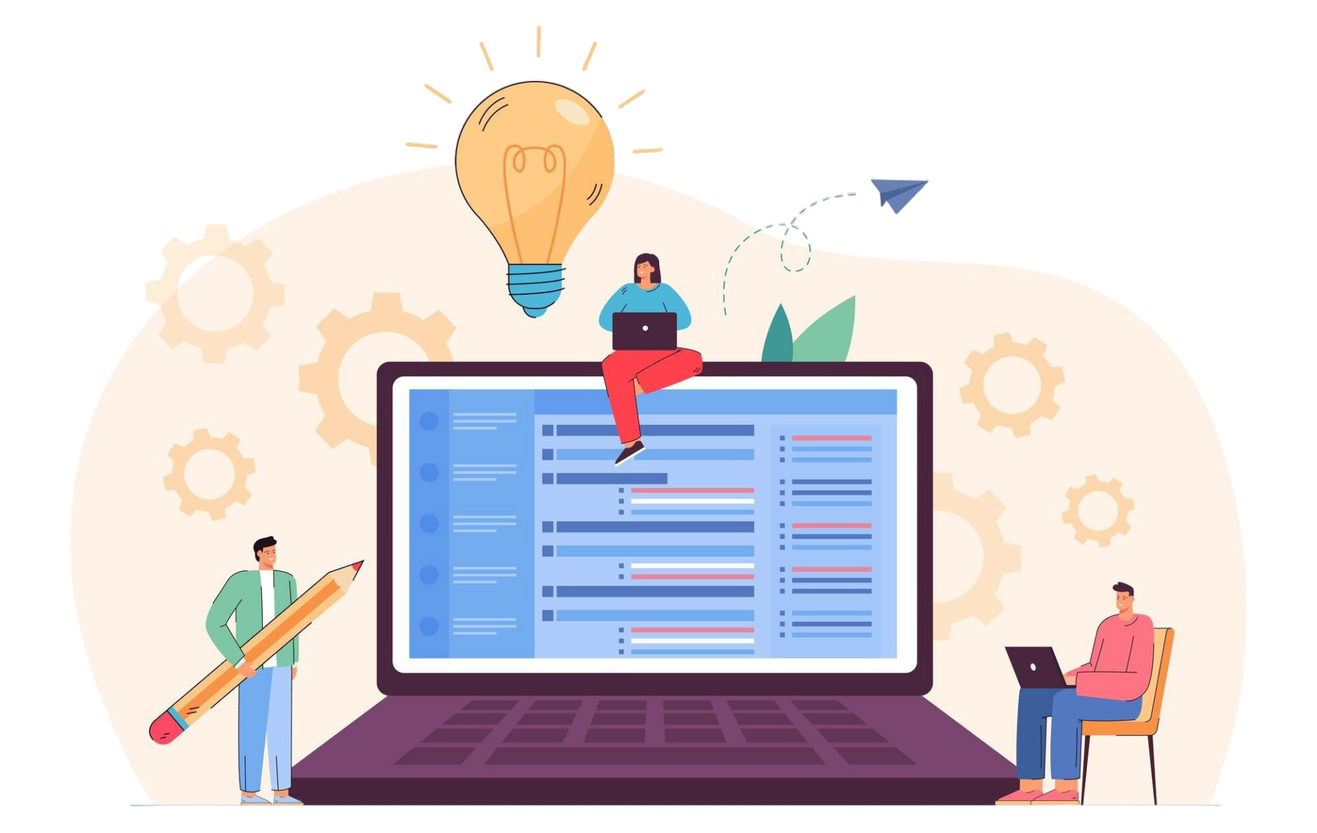 Illustration of employees working collaboratively around a digital interface, symbolizing the efficiency and innovation of vacation tracking software.