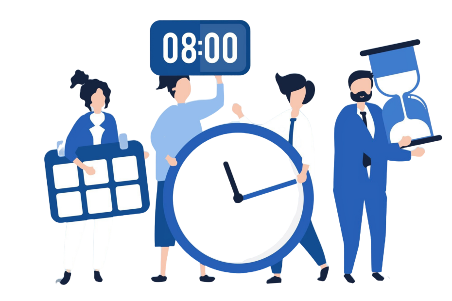 Illustration of four individuals representing part-time work concepts: one holding a calendar, another holding a clock, a person showing '08:00' on a digital screen, and one holding an hourglass, symbolizing flexible schedules and time management in part-time job.