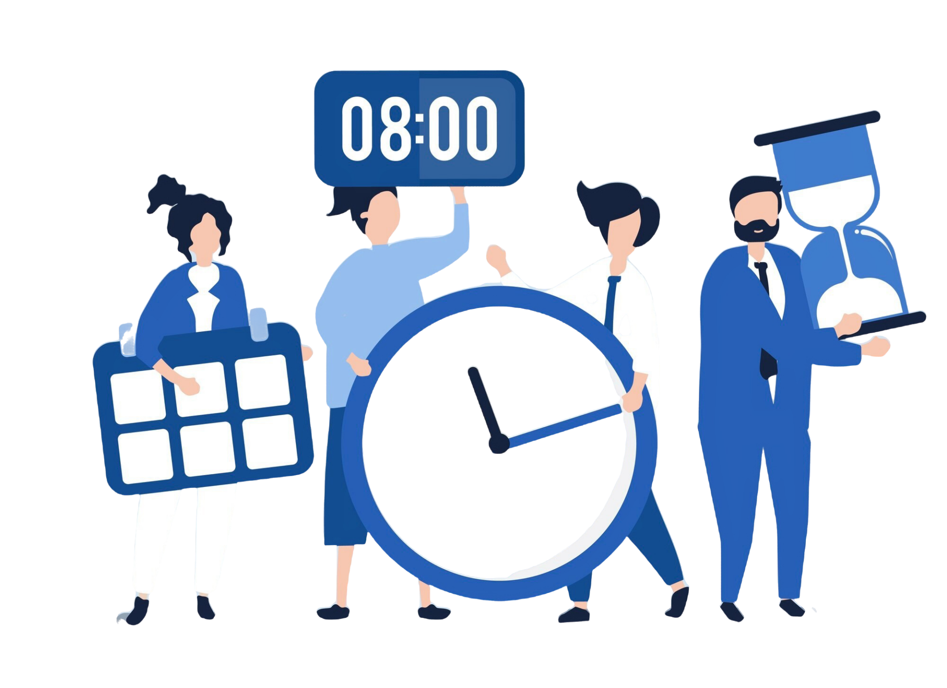 Illustration of four individuals representing part-time work concepts: one holding a calendar, another holding a clock, a person showing '08:00' on a digital screen, and one holding an hourglass, symbolizing flexible schedules and time management in part-time job.