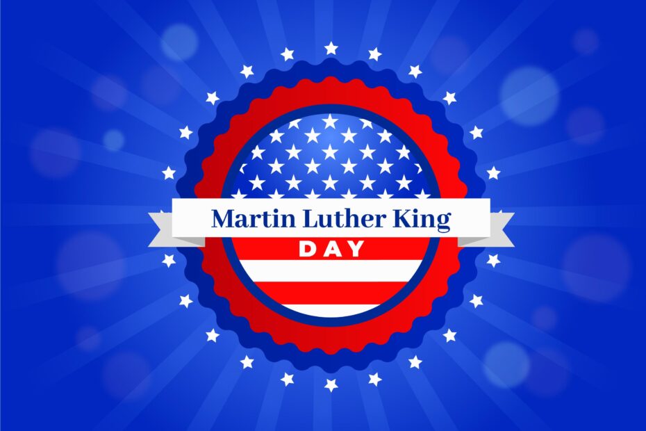 A vibrant graphic celebrating Martin Luther King Jr. Day, featuring a circular badge with red, white, and blue elements, symbolizing the American flag. The text "Martin Luther King Day" is displayed prominently on a white ribbon across the badge, surrounded by radiant beams and stars, representing hope, unity, and Dr. King’s enduring legacy.