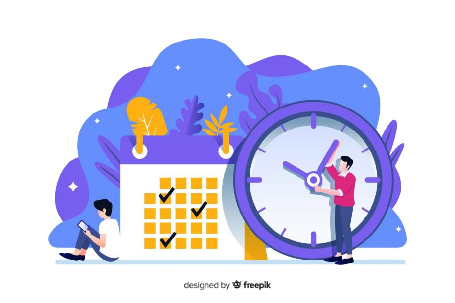 An illustration depicting time management and scheduling, featuring a large calendar with checkmarks and a giant clock. A person is sitting with a tablet, while another adjusts the clock hands. The background includes abstract leaves and stars, symbolizing productivity and organization.