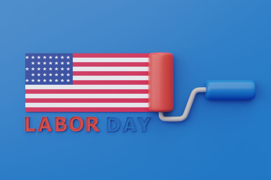 A 3D digital illustration of a paint roller painting the American flag on a blue background. The roller handle is blue, and the roller itself is red, leaving behind red and white stripes with a blue field of white stars. Below the flag, the words "LABOR DAY" are written in bold, capital letters, with "LABOR" in red and "DAY" in blue, symbolizing the U.S. Labor Day holiday.