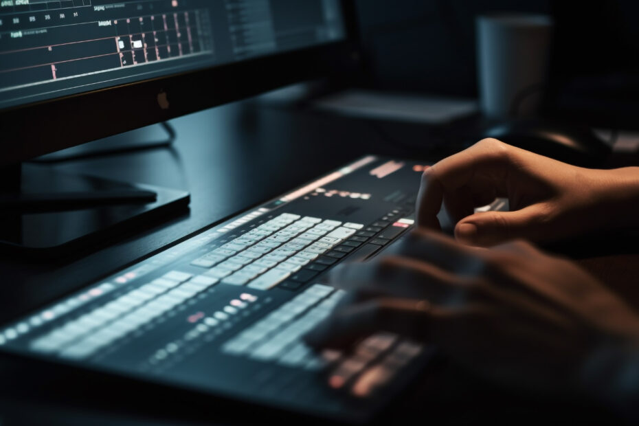 Hands working on a video editing software interface displayed on a computer screen in a dimly lit workspace