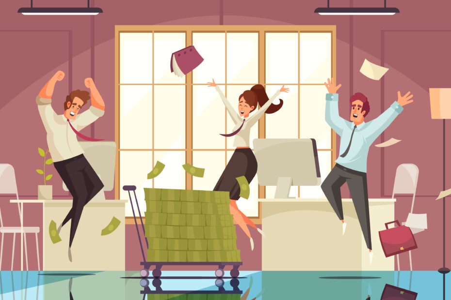 Illustration of three excited office workers jumping with joy around a cart filled with stacks of cash, symbolizing the concept of PTO vs. cashing out. The scene represents the financial benefits and choices employees face between taking paid time off or receiving a payout for unused leave.