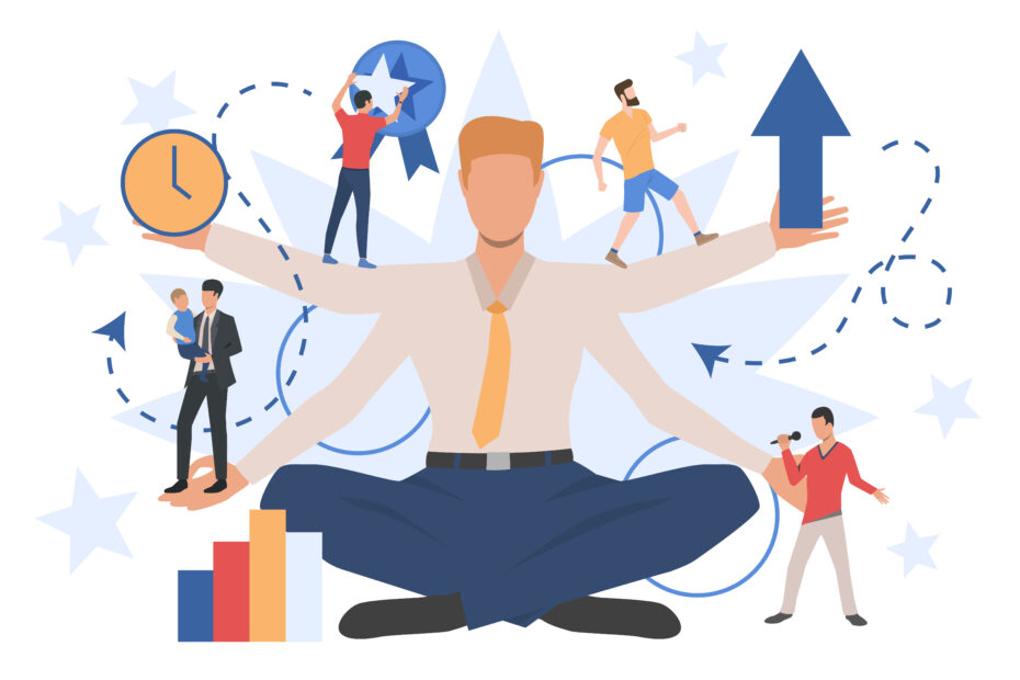 Illustration representing effective employee management, featuring a multi-armed person in business attire balancing various tasks like time management, performance growth, employee recognition, family responsibilities, and communication, symbolizing the integration of technology and human-centric approaches in the workplace.