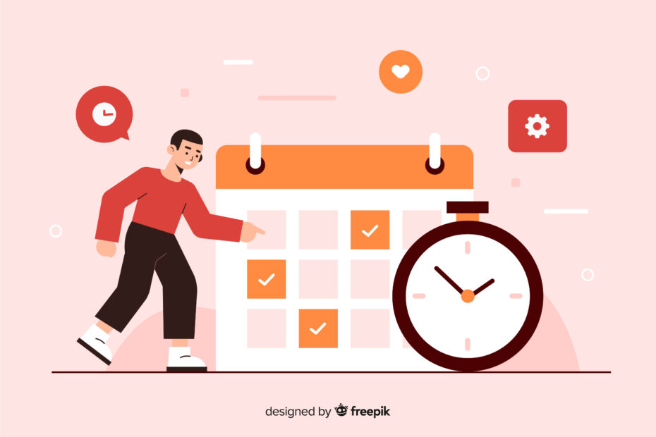 Illustration of a person pointing at a calendar with check marks, alongside a large clock, symbolizing time management. The image represents the concept of vacation trackers for organizing and managing employee time off efficiently.