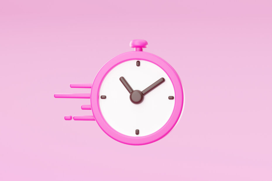 3D illustration of a pink stopwatch with a motion effect, representing speed and accuracy, symbolizing a time duration calculator on a pastel pink background.