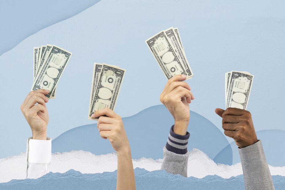 Multiple hands of diverse individuals holding up dollar bills against a blue background, symbolizing financial growth and earnings. This conceptual image represents salary increases, budgeting, and financial planning, making it ideal for topics related to a pay raise calculator.