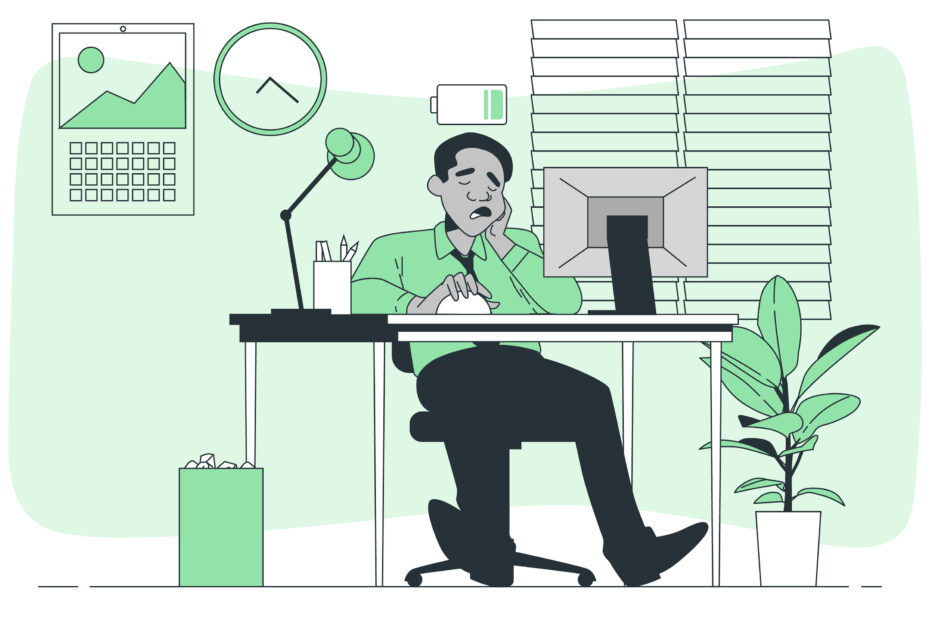 Illustration of a tired office worker sitting at a desk, looking exhausted while using a computer. A low battery icon above his head symbolizes fatigue. The workspace includes a lamp, a calendar, a clock, and office supplies, creating a professional yet weary atmosphere.