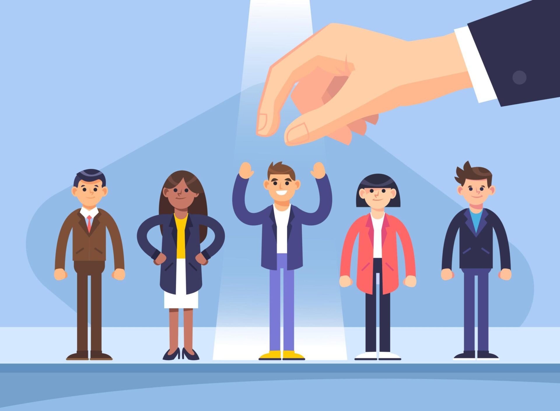 An illustration representing the probationary period in employment, showing a selection process where a spotlight highlights a successful candidate. This concept highlights employee evaluation, hiring decisions, and workplace assessments during the probation phase.