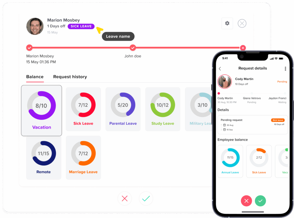 Leave approval process in Day Off showing manager review, approval and notification of employee requests – Day OffDay Off