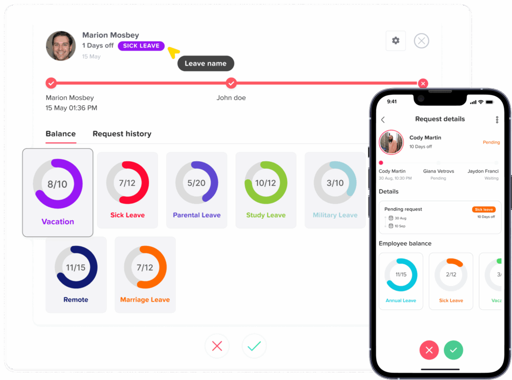 Leave approval process in Day Off showing manager review, approval and notification of employee requests – Day OffDay Off