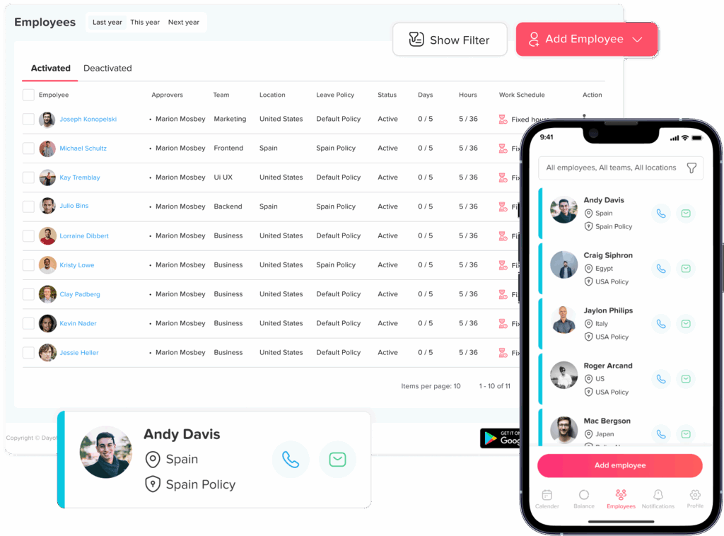 Day Off app feature showing employee leave tracking, PTO management and absence scheduling – Day OffDay Off