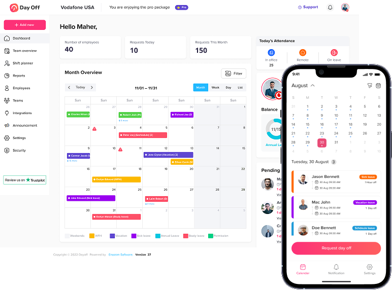 Day Off dashboard displaying employee leave balances, upcoming absences and PTO overview for team managers – Day OffDay Off