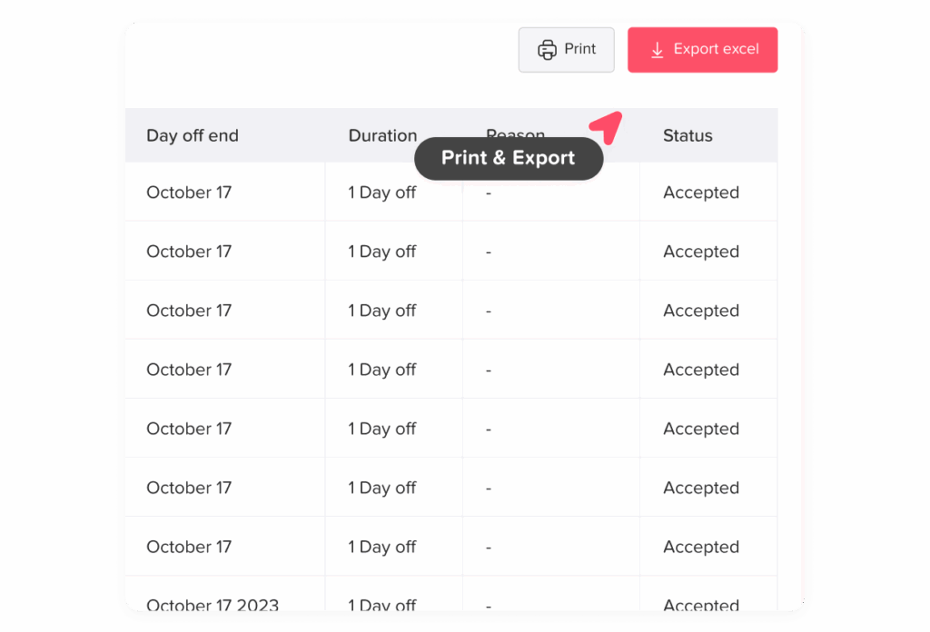 Day Off app feature showing employee leave tracking, PTO management and absence scheduling – Day OffDay Off