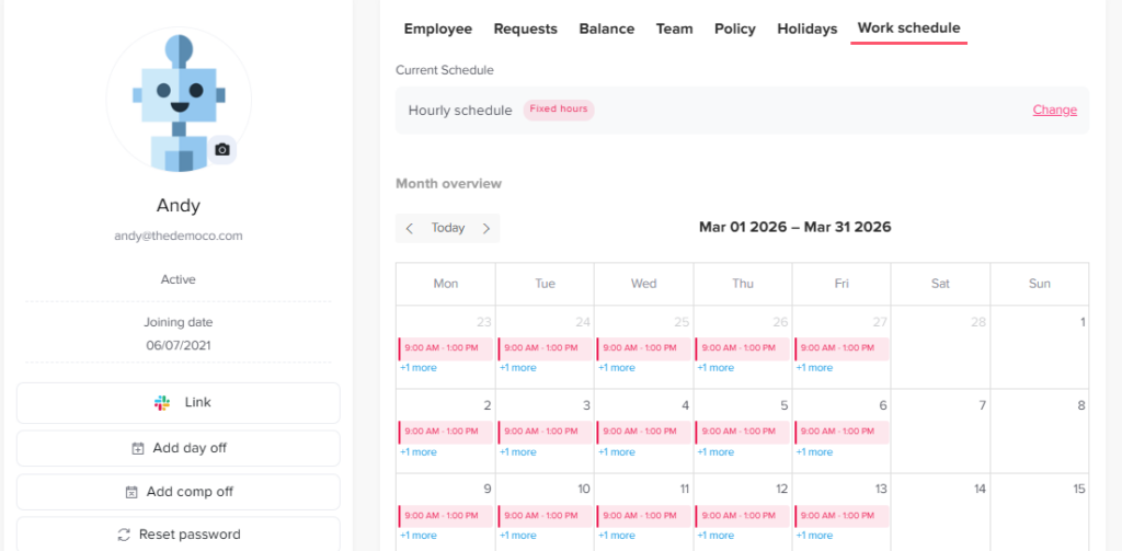 Work schedule - employee profile