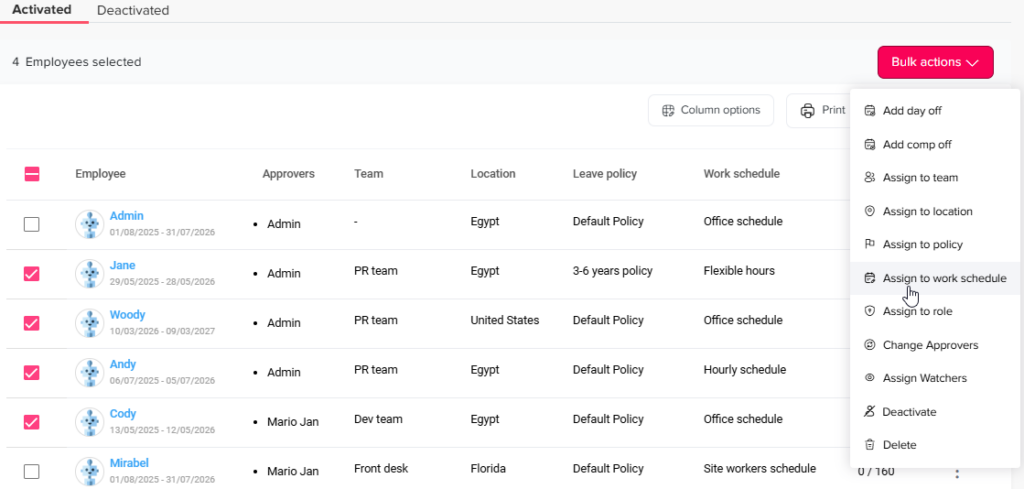 Work schedule - bulk actions