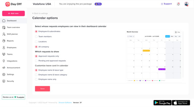 Team leave calendar in Day Off showing employee absences, vacations and scheduled time off – Day Off