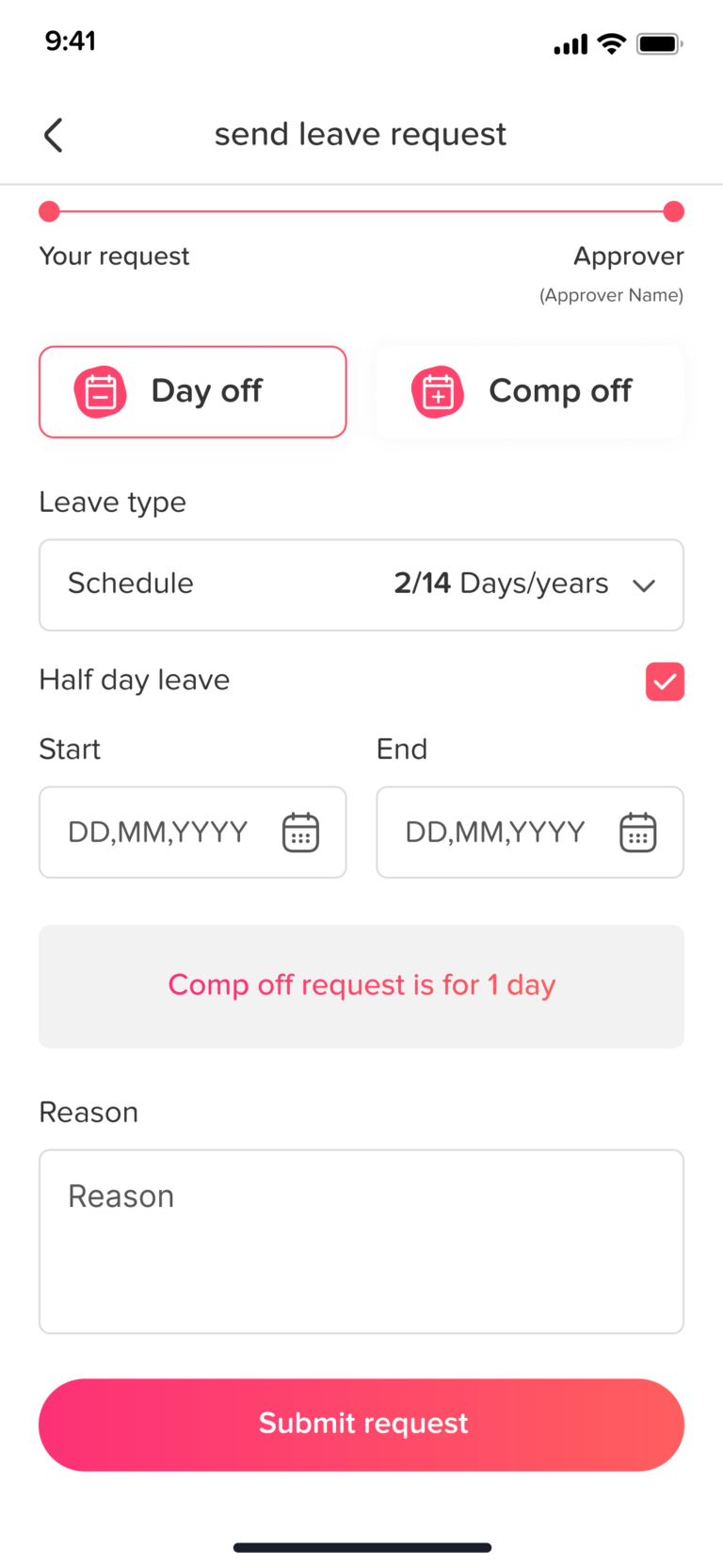 Leave management screen in Day Off app showing employee time off requests, approvals and absence tracking – Day OffDay Off
