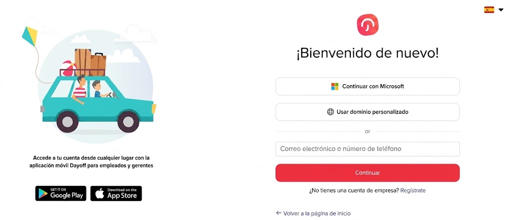 Página de registro de Day Off mostrando formulario de creación de cuenta para gestionar vacaciones y solicitudes de tiempo libre