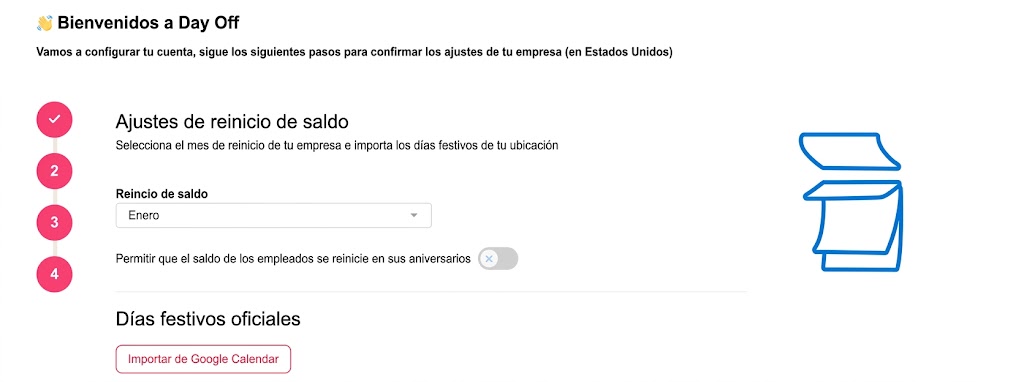 Configuración de reinicio de saldo en Day Off mostrando opciones para restablecer el balance de vacaciones según políticas de la empresa