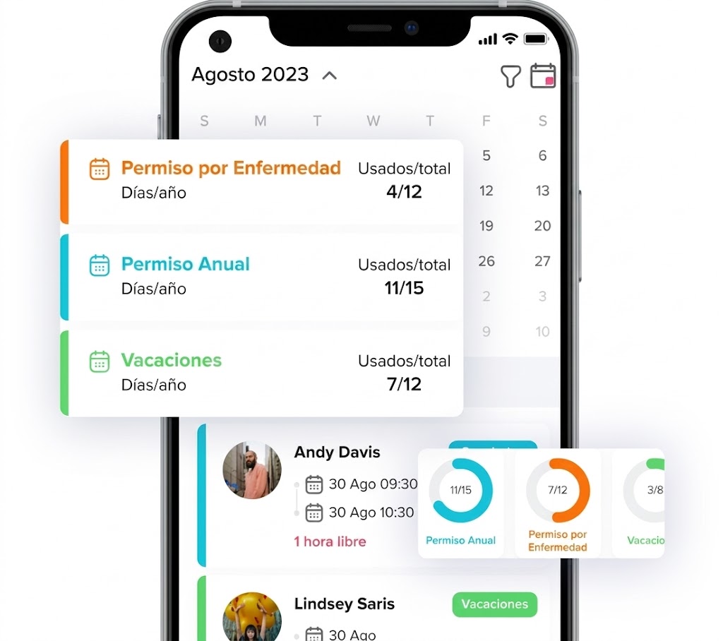 Vista móvil de Day Off mostrando solicitudes de tiempo libre, estados de aprobación y balance de vacaciones desde el smartphone