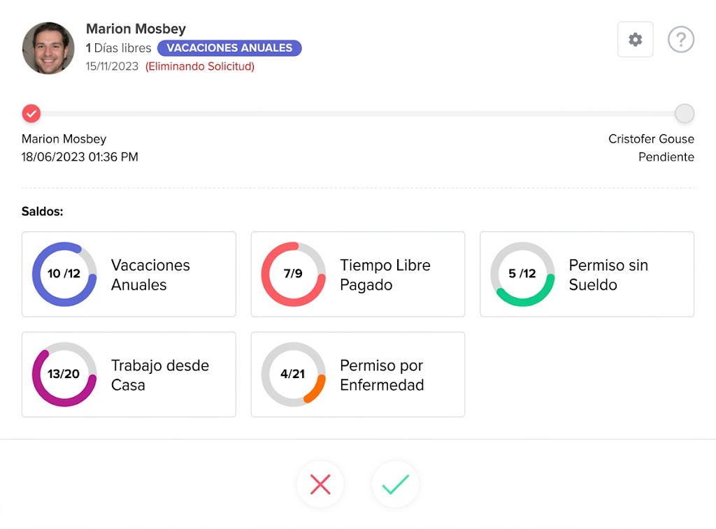 Pantalla de Day Off mostrando los detalles de una solicitud de tiempo libre, incluyendo fechas, tipo de permiso y estado de aprobación