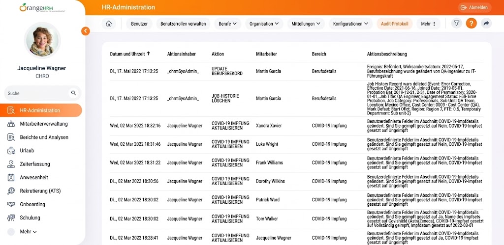 „OrangeHRM Oberfläche als kostenlose HR-Softwarelösung für Personalmanagement“