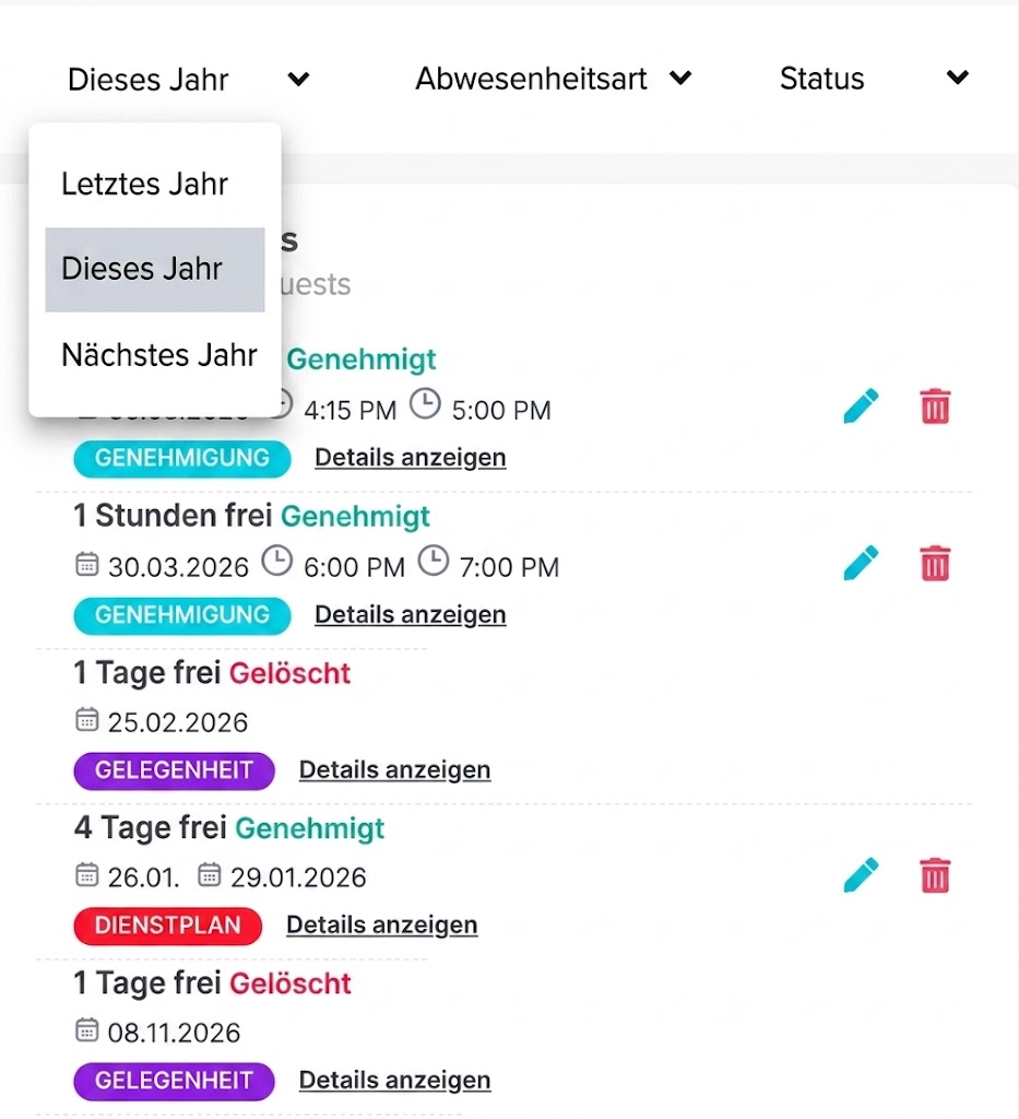 Liste von Abwesenheiten mit Statusanzeigen und Filtern für Jahr, Abwesenheitsart und Status sowie Einträgen mit Bearbeiten- und Löschen-Icons.