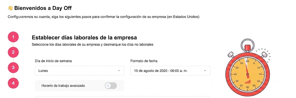 Configuración de días laborales en Day Off mostrando selección de días de trabajo semanales y calendario de empresa