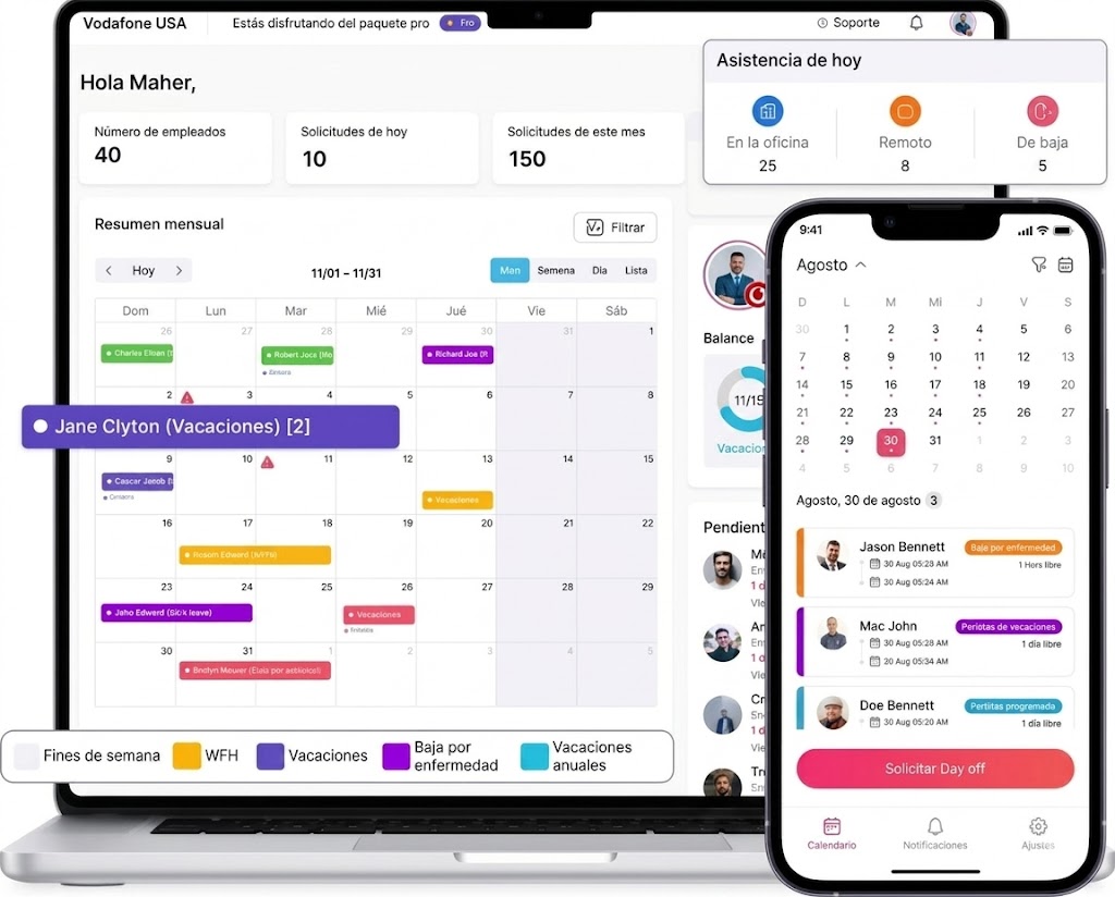 Vista del dashboard de Day Off en web y móvil mostrando solicitudes de tiempo libre, calendario de ausencias y balance de vacaciones en ambas plataformas