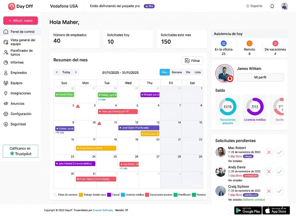 Dashboard de Day Off mostrando un resumen de solicitudes de tiempo libre, balances de vacaciones y ausencias del equipo