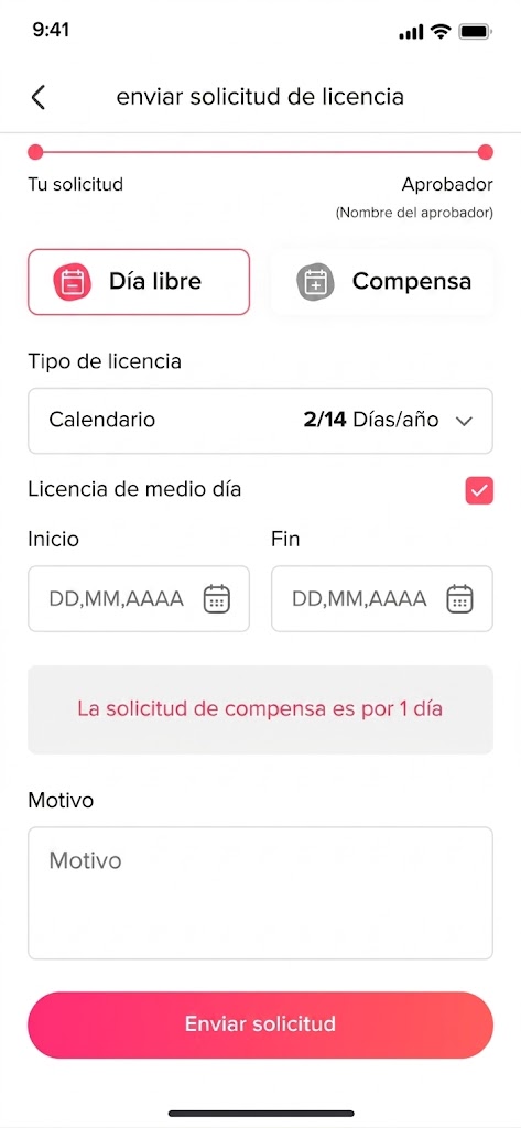 Capturas de la app móvil de Day Off mostrando cómo enviar una solicitud de vacaciones y consultar su estado