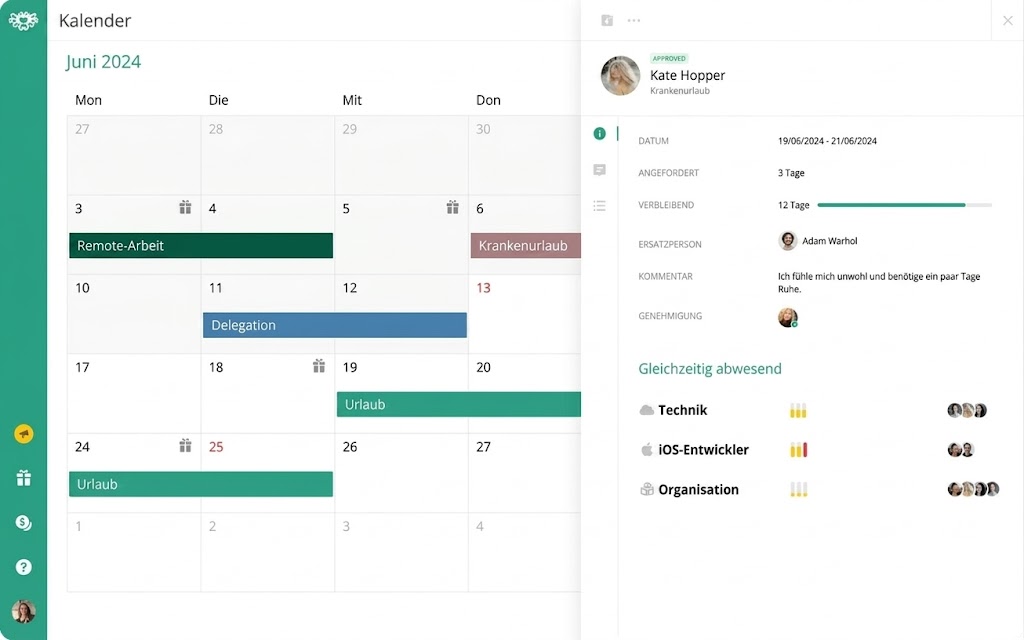 „Calamari App Dashboard zur Verwaltung von Abwesenheiten und Arbeitszeiten im Unternehmen“