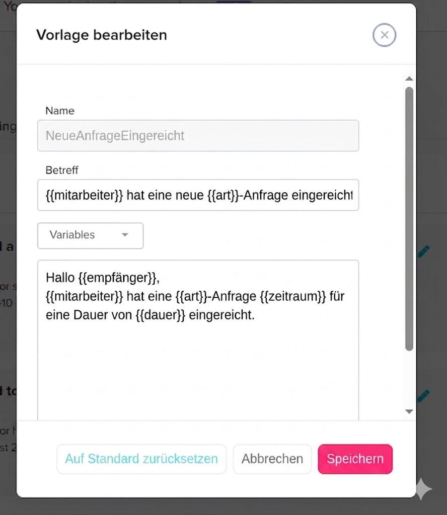 Popup-Fenster zum Bearbeiten einer Nachrichtenvorlage mit Feldern für Name, Betreff und Text sowie Platzhaltervariablen und Buttons zum Speichern oder Abbrechen.
