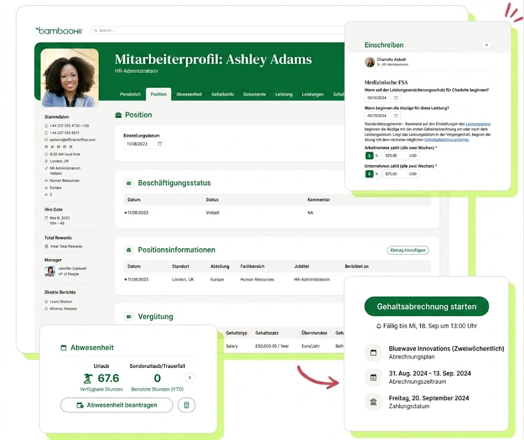 „Benutzeroberfläche von BambooHR mit Funktionen für Personalmanagement und Mitarbeiterverwaltung“