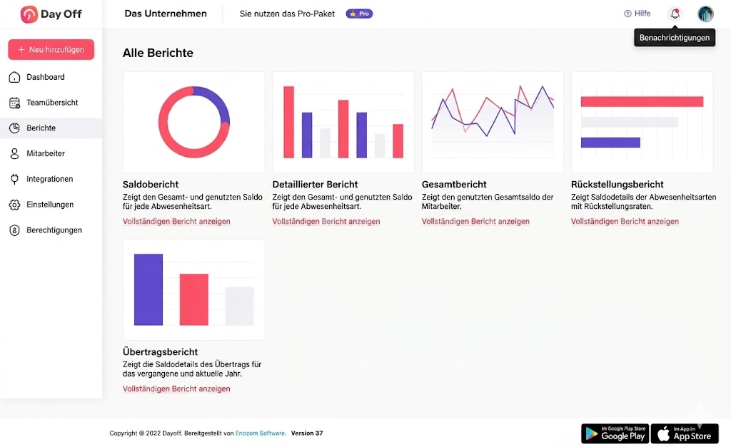 „Berichte im Day Off App Dashboard mit Übersicht zu Abwesenheiten und PTO-Statistiken“