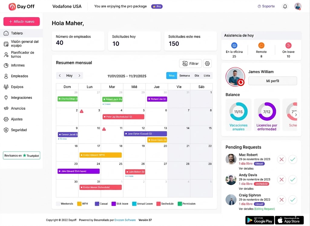 Vista del dashboard de Day Off en web y móvil mostrando resumen de solicitudes de tiempo libre, calendario y balance de vacaciones