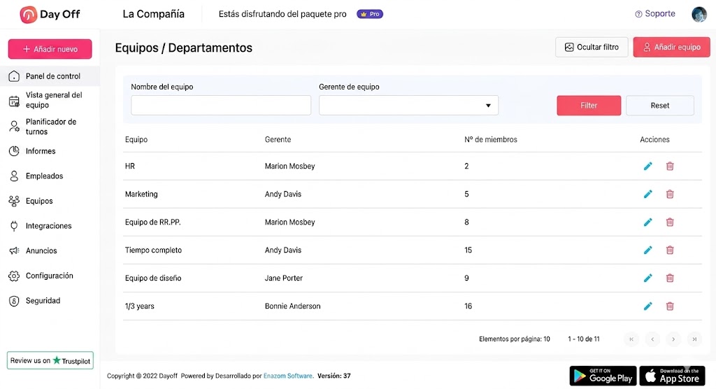 Vista de equipos en Day Off mostrando grupos de empleados, departamentos y asignación de políticas de permisos