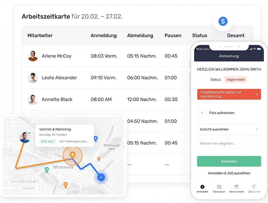 „Stundenzettel in der Buddy Punch App zur Zeiterfassung von Arbeitszeiten und Pausen“