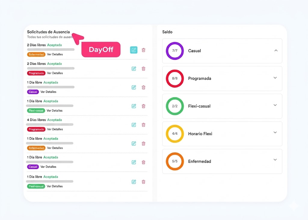 Vista del empleado en Day Off mostrando sus solicitudes de tiempo libre, estado de aprobación y balance de vacaciones disponible