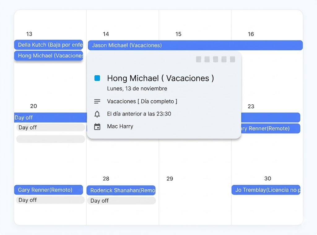 Integración de Google Calendar con Day Off mostrando solicitudes de tiempo libre y ausencias sincronizadas en el calendario